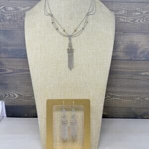 JJT Sterling Silver 10K Gold Tassel Necklace Earrings Faceted Ball Bead Chain